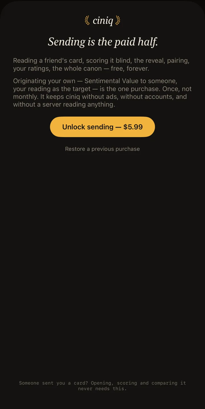 Sending is the paid half — receiving, scoring and comparing free forever; unlock sending $5.99